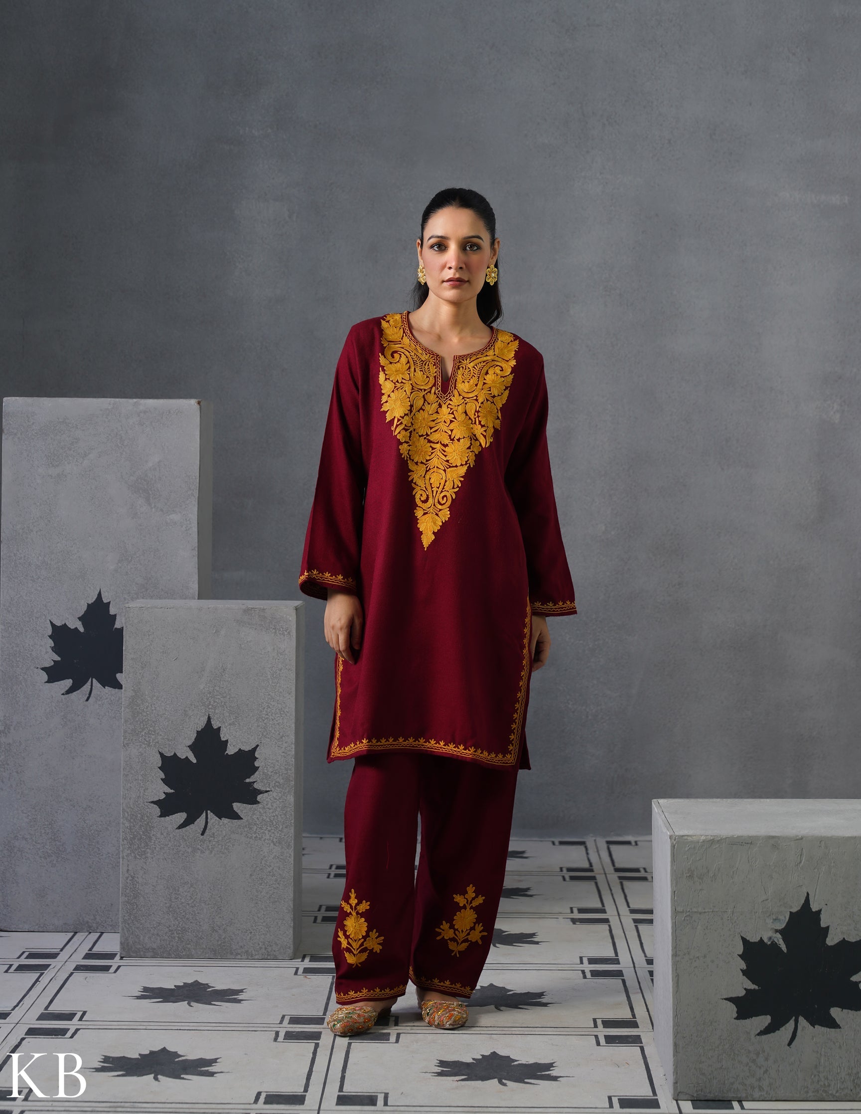 Kashmiri Mustard Aari Embroidered Woollen Coordset – Maroon | Refined Winter Wear - Kashmir Box