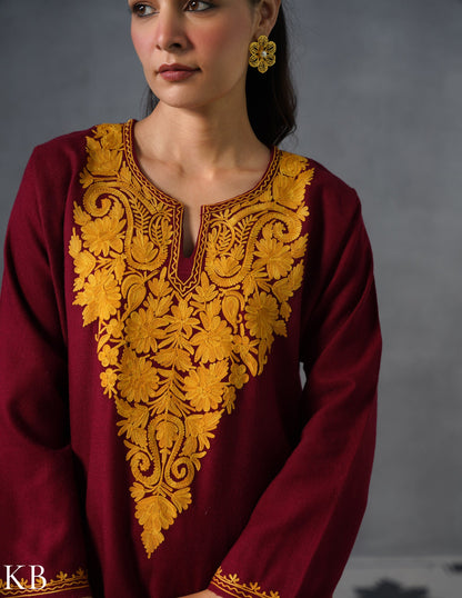 Kashmiri Mustard Aari Embroidered Woollen Coordset – Maroon | Refined Winter Wear - Kashmir Box