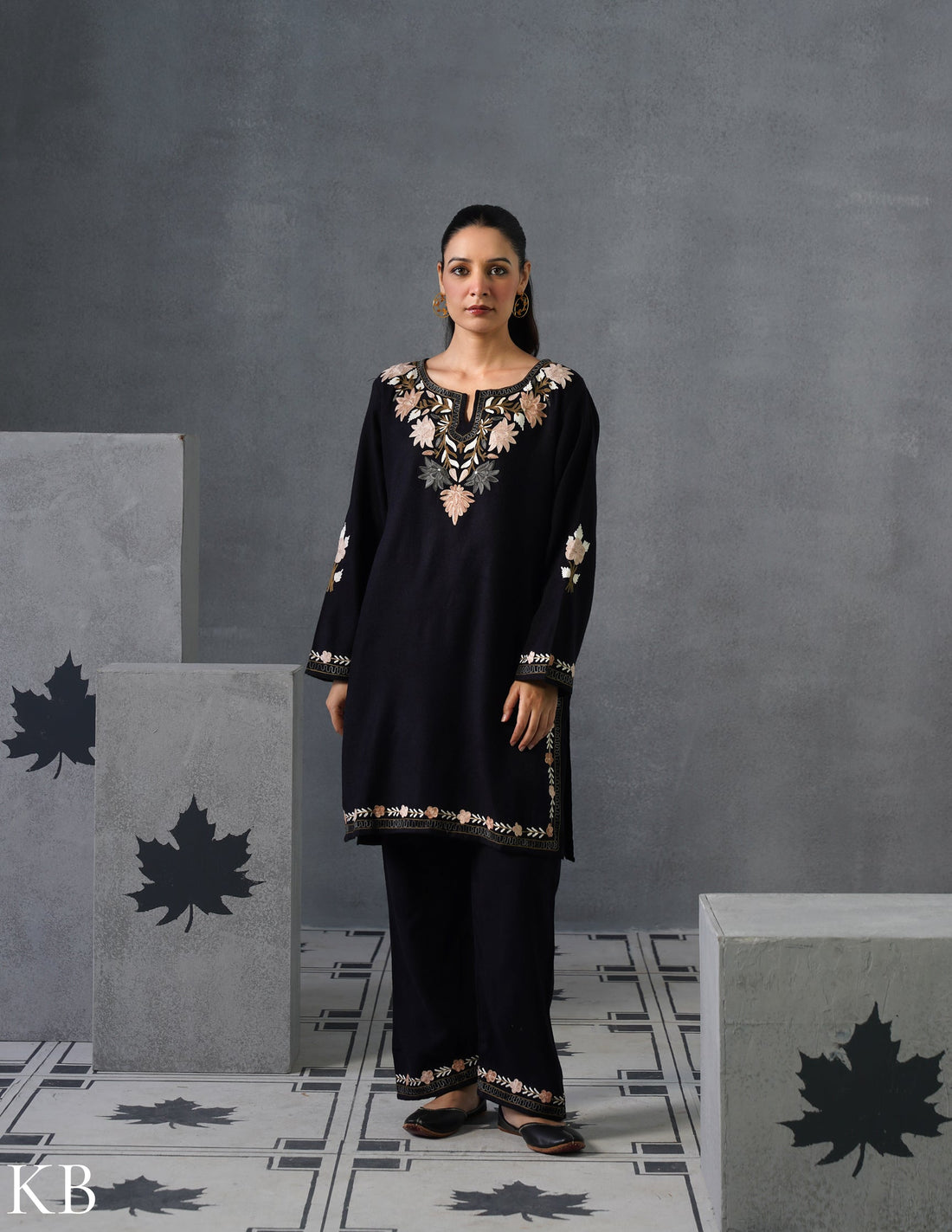 Kashmiri Aari Embroidered Woollen Coordset – Black - Kashmir Box