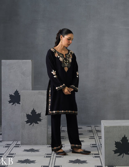 Kashmiri Aari Embroidered Woollen Coordset – Black - Kashmir Box