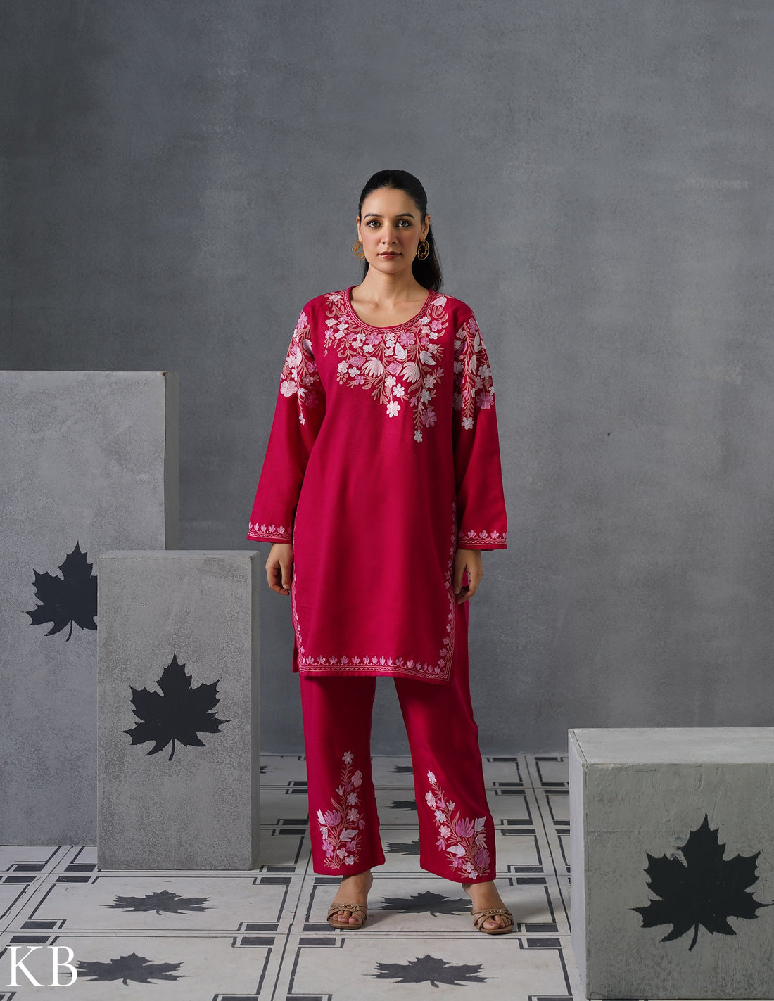 Kashmiri Baby Pink Aari Embroidered Woollen Coordset – Pink | Elegant Winter Wear - Kashmir Box