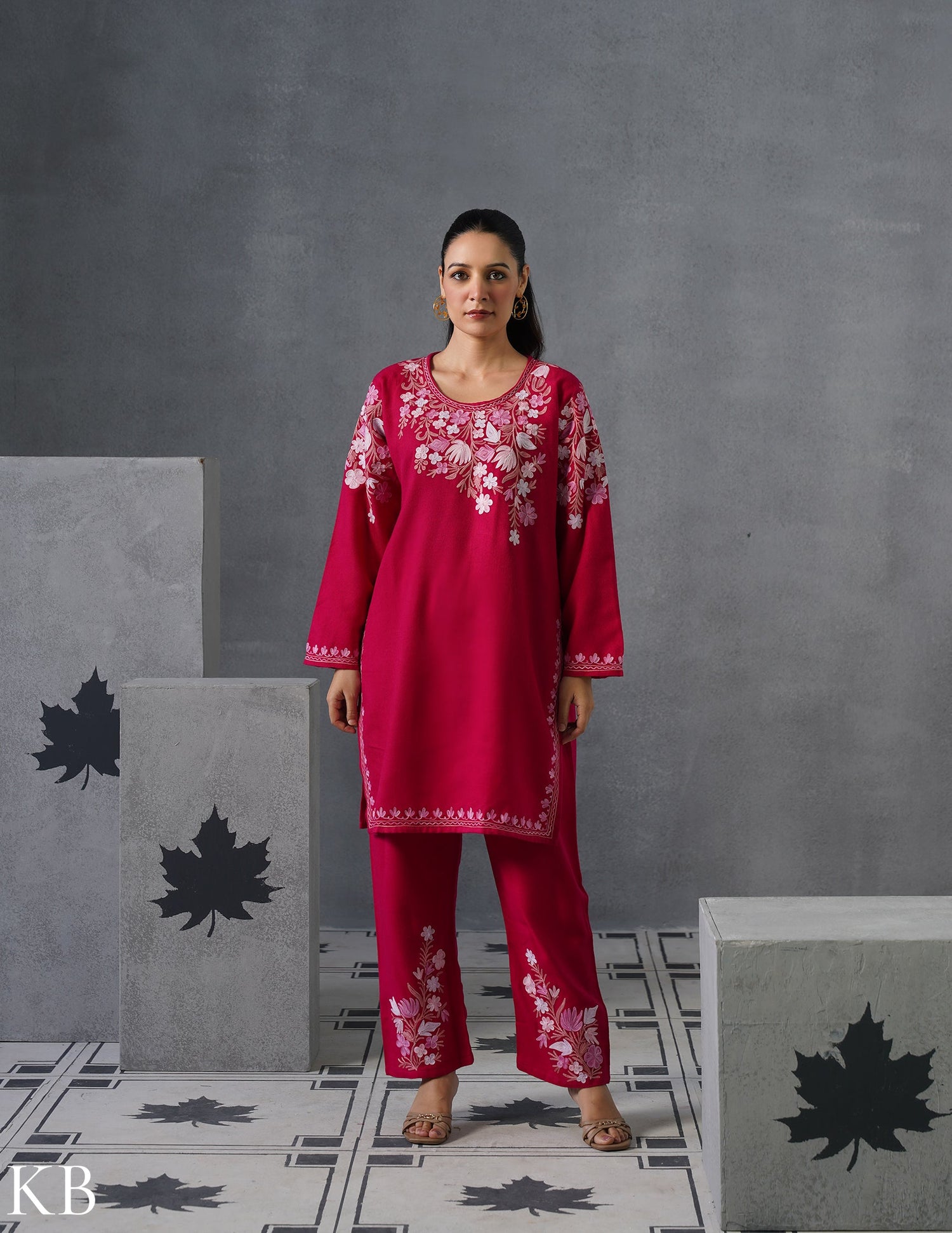 Kashmiri Baby Pink Aari Embroidered Woollen Coordset – Pink | Elegant Winter Wear - Kashmir Box