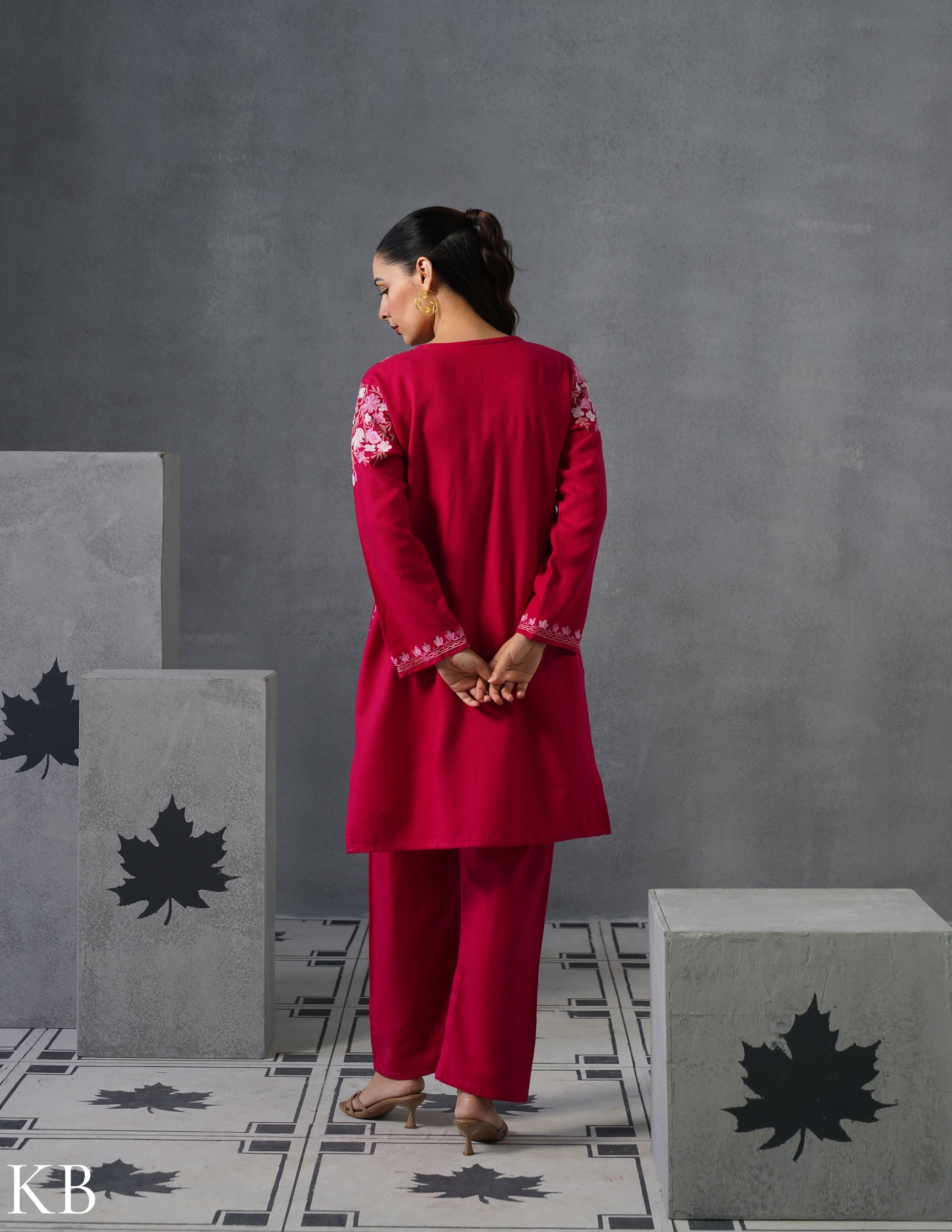 Kashmiri Baby Pink Aari Embroidered Woollen Coordset – Pink | Elegant Winter Wear - Kashmir Box