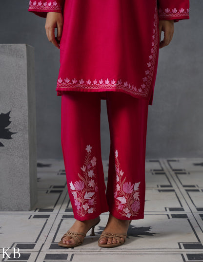 Kashmiri Baby Pink Aari Embroidered Woollen Coordset – Pink | Elegant Winter Wear - Kashmir Box