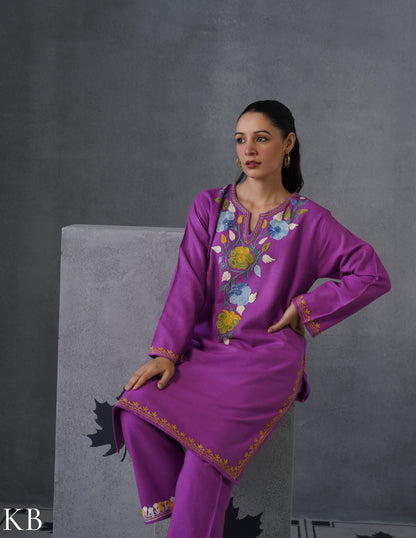 Kashmiri Multicolour Aari Embroidered Woollen Coordset – Purple | Artistic Winter Wear - Kashmir Box
