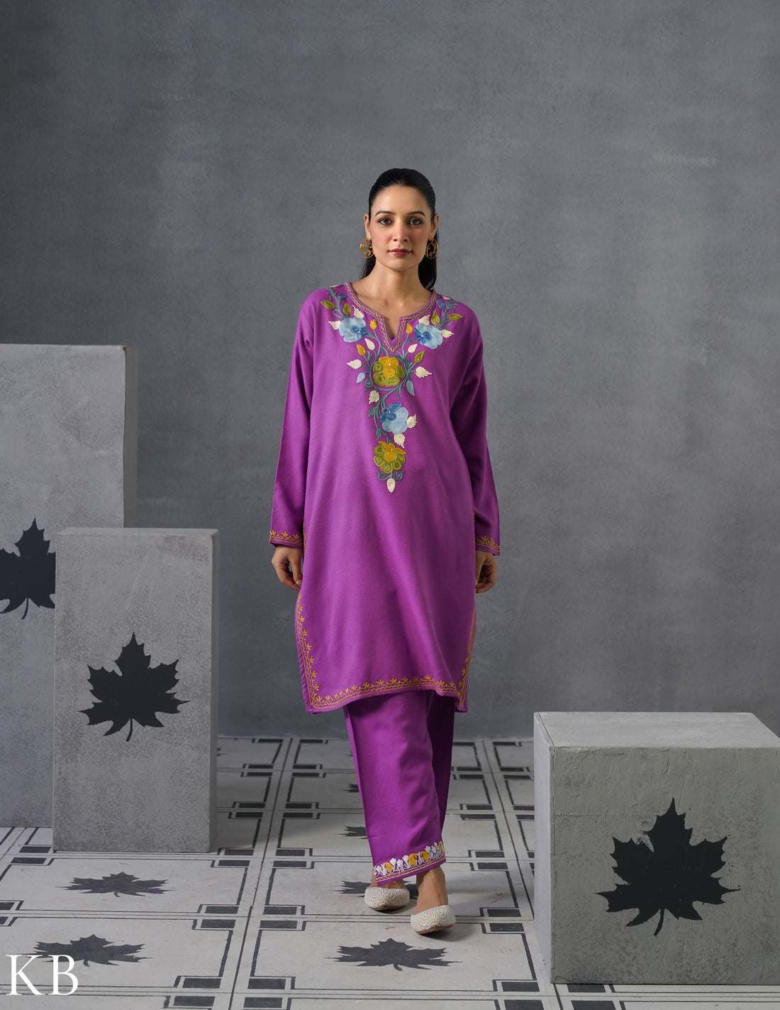 Kashmiri Multicolour Aari Embroidered Woollen Coordset – Purple | Artistic Winter Wear - Kashmir Box