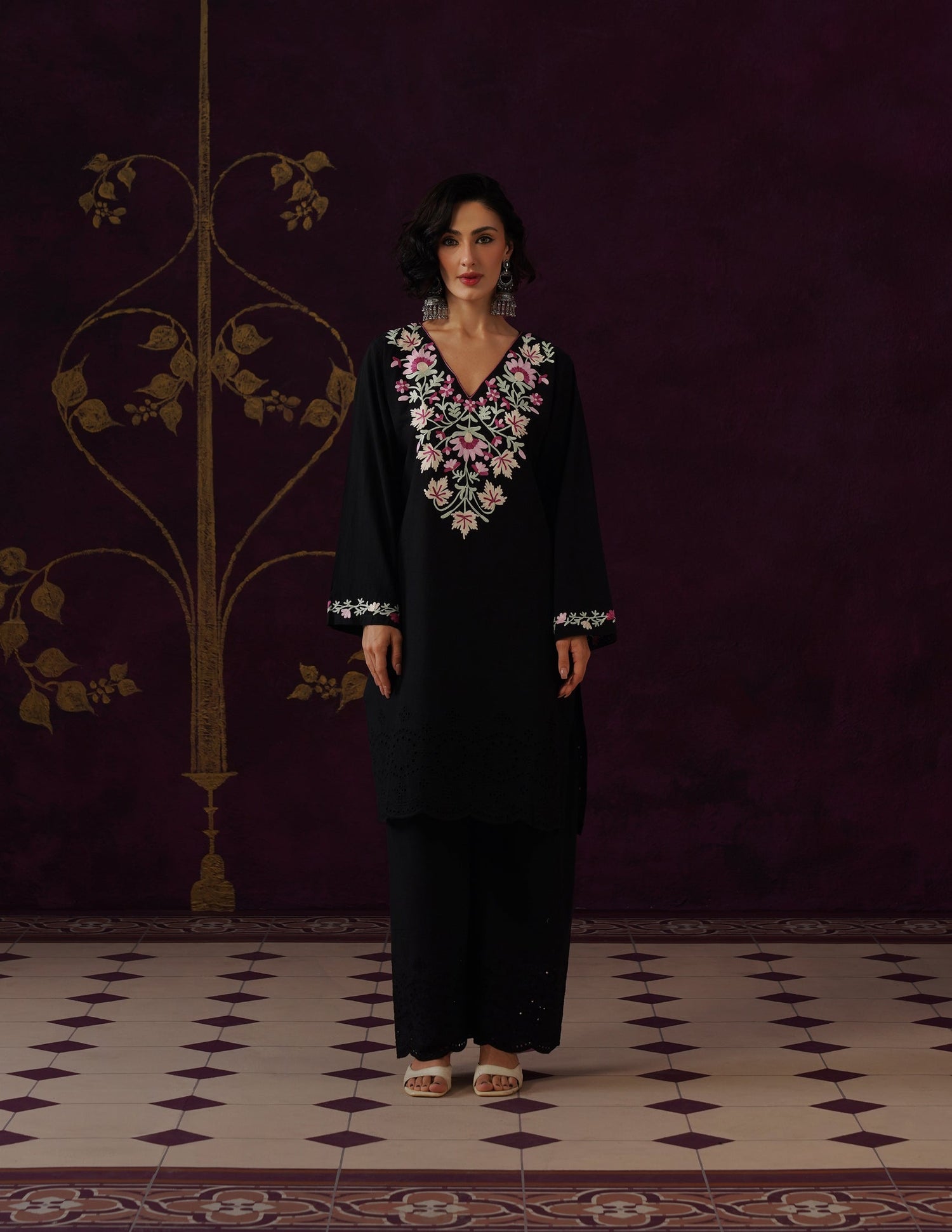 Black Schiffli &amp; Aari Embroidered Cambric Cotton Co-ord Set