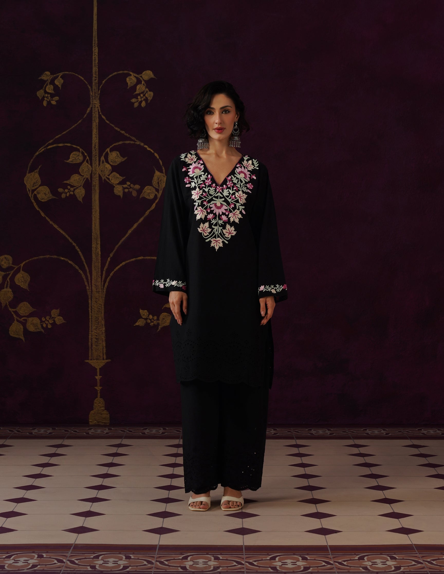 Black Schiffli &amp; Aari Embroidered Cambric Cotton Co-ord Set