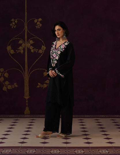 Black Schiffli &amp; Aari Embroidered Cambric Cotton Co-ord Set
