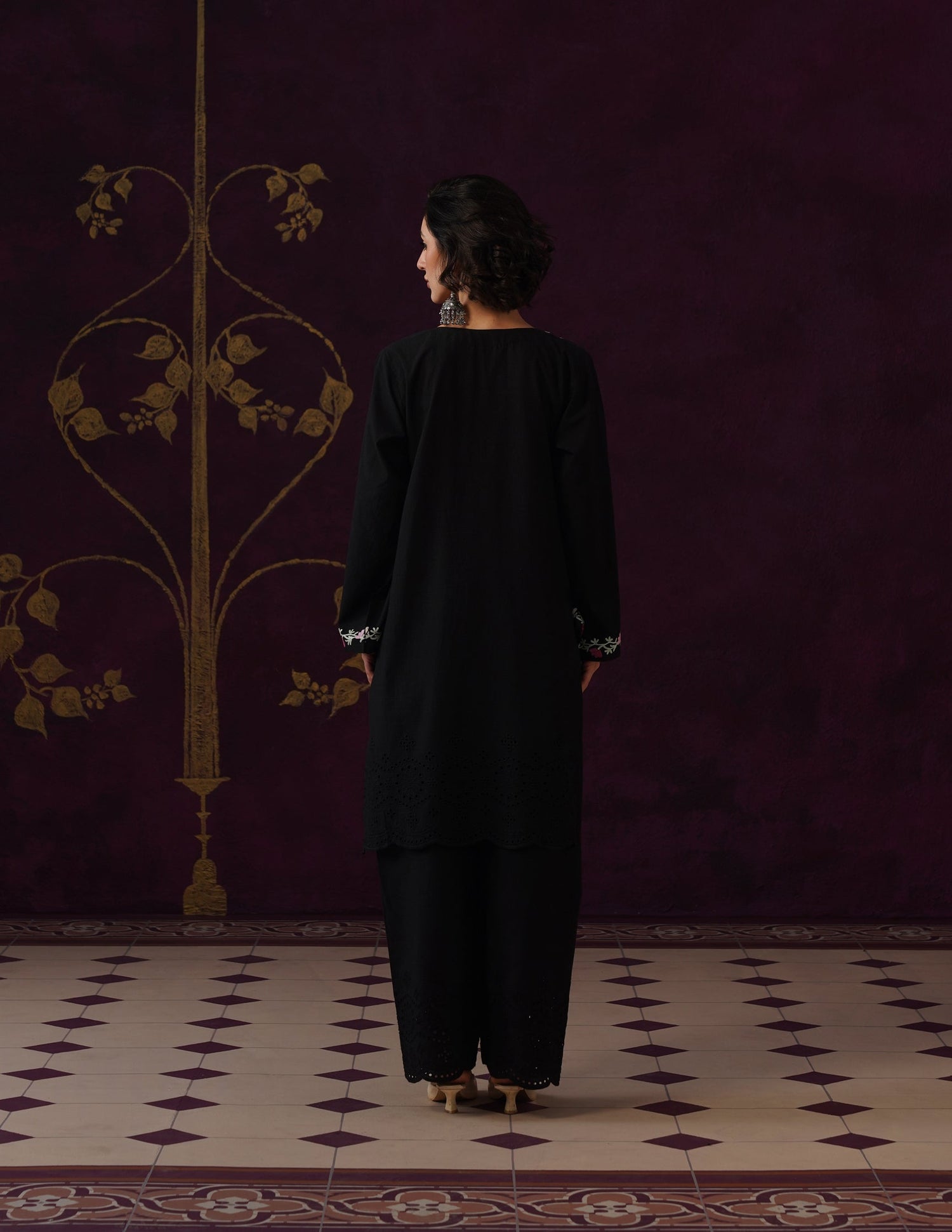 Black Schiffli &amp; Aari Embroidered Cambric Cotton Co-ord Set