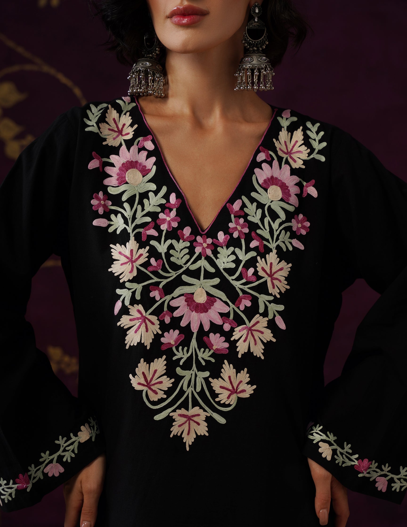 Black Schiffli &amp; Aari Embroidered Cambric Cotton Co-ord Set