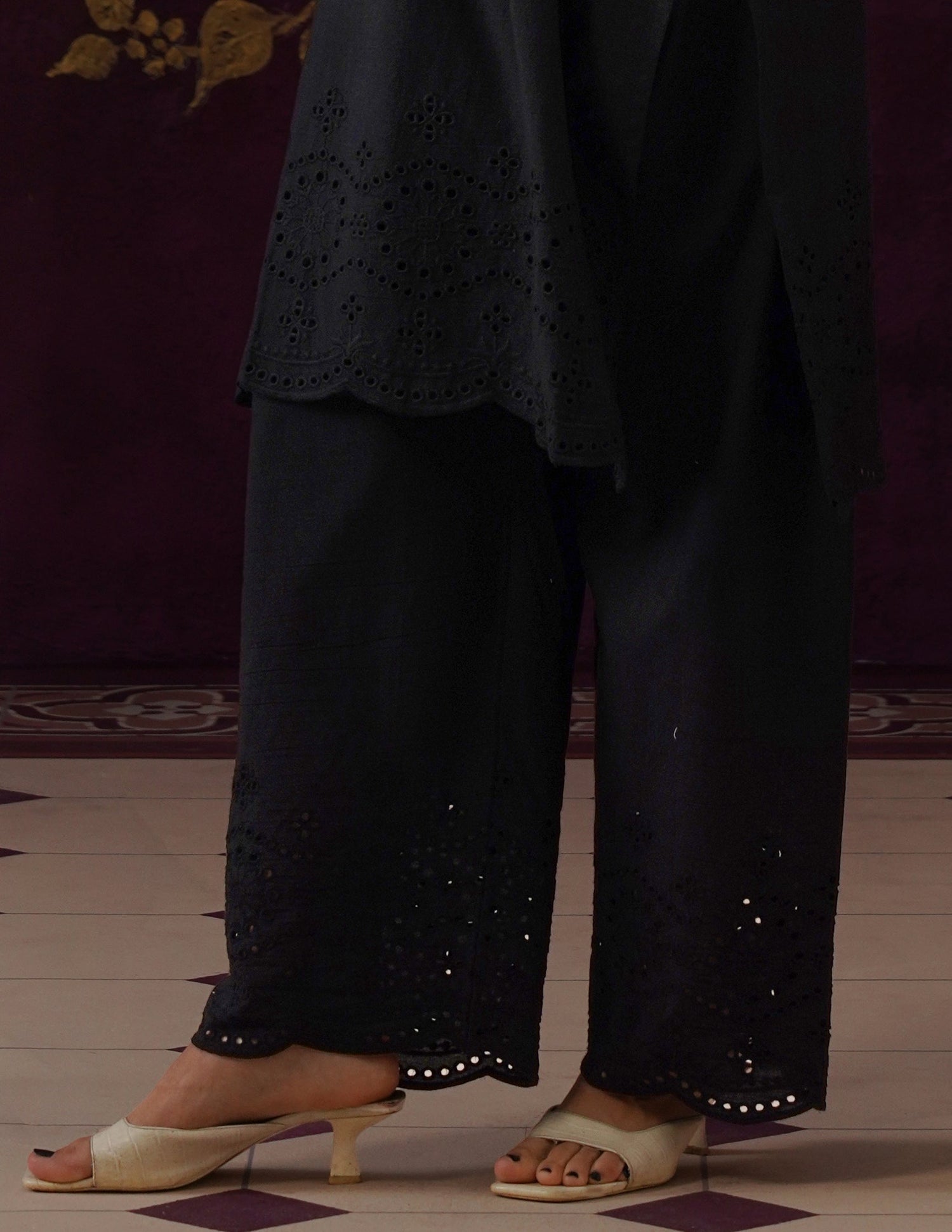 Black Schiffli &amp; Aari Embroidered Cambric Cotton Co-ord Set