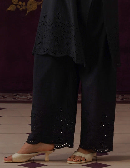 Black Schiffli &amp; Aari Embroidered Cambric Cotton Co-ord Set