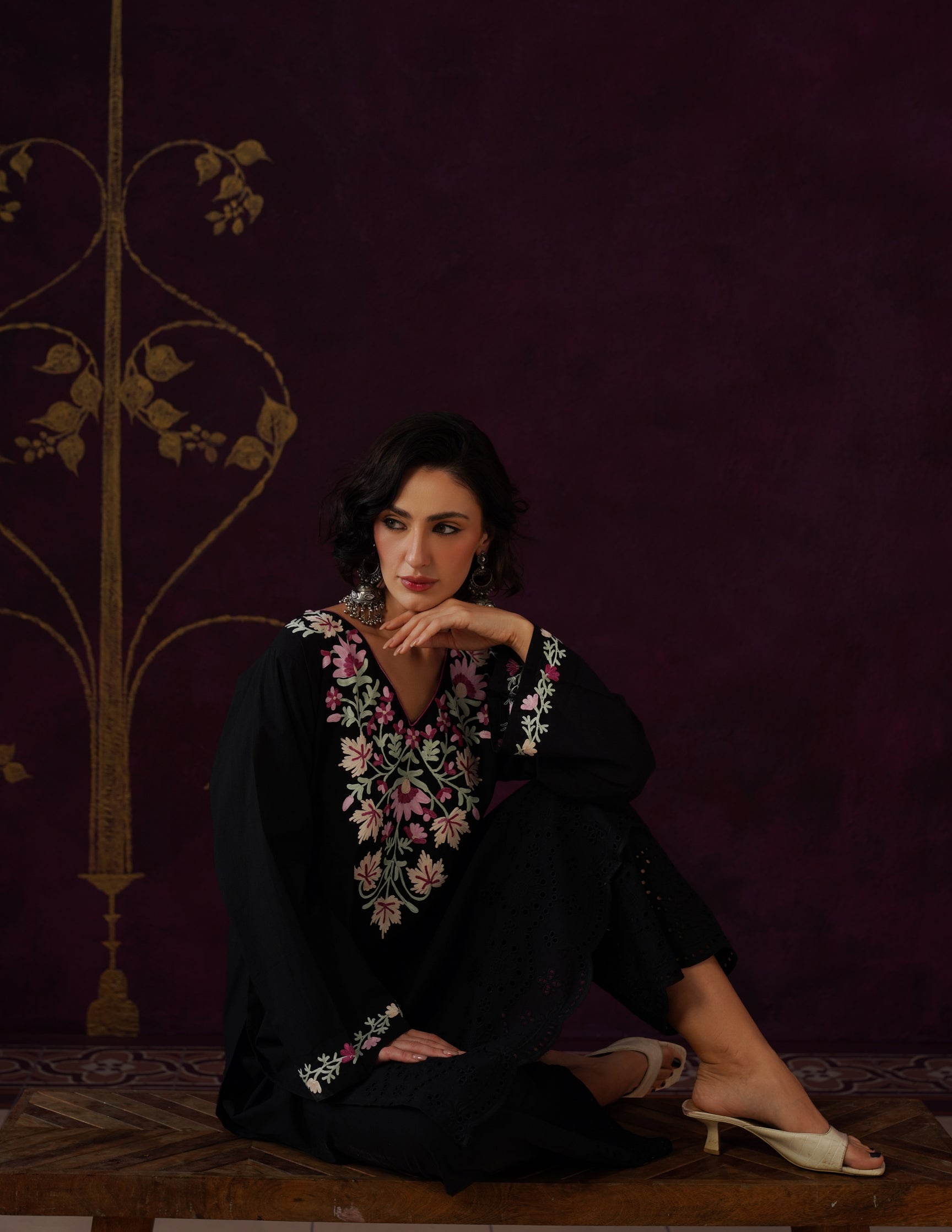 Black Schiffli &amp; Aari Embroidered Cambric Cotton Co-ord Set