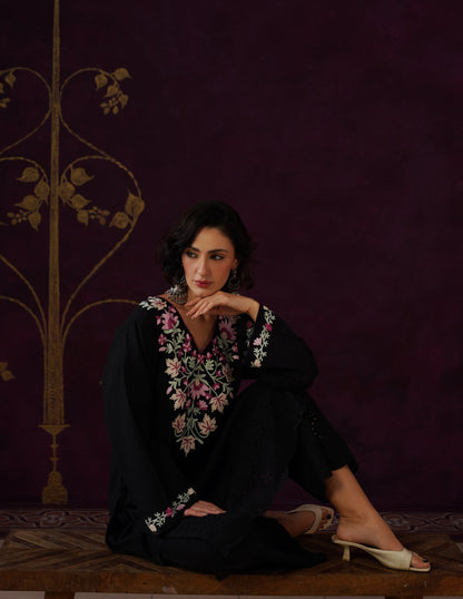 Black Schiffli &amp; Aari Embroidered Cambric Cotton Co-ord Set