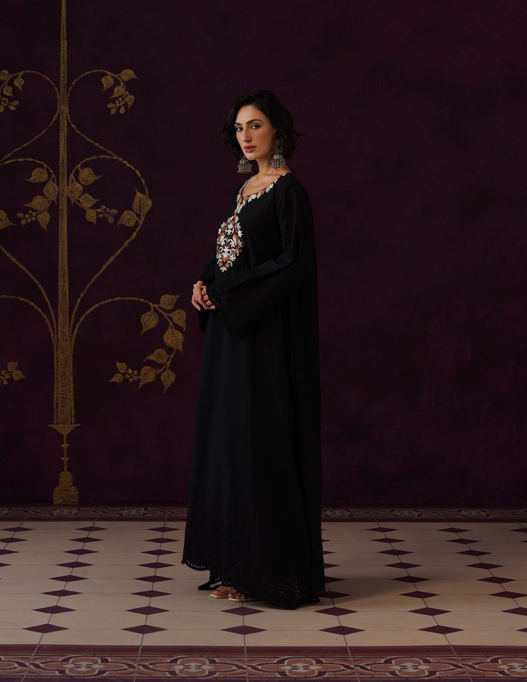 Black Schiffli &amp; Aari Embroidered Cambric Cotton Gown