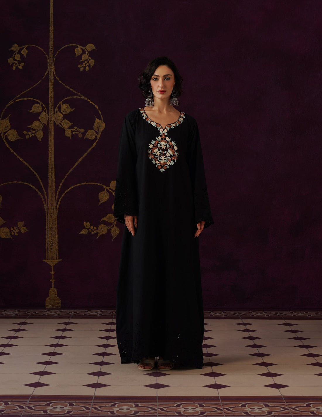 Black Schiffli &amp; Aari Embroidered Cambric Cotton Gown