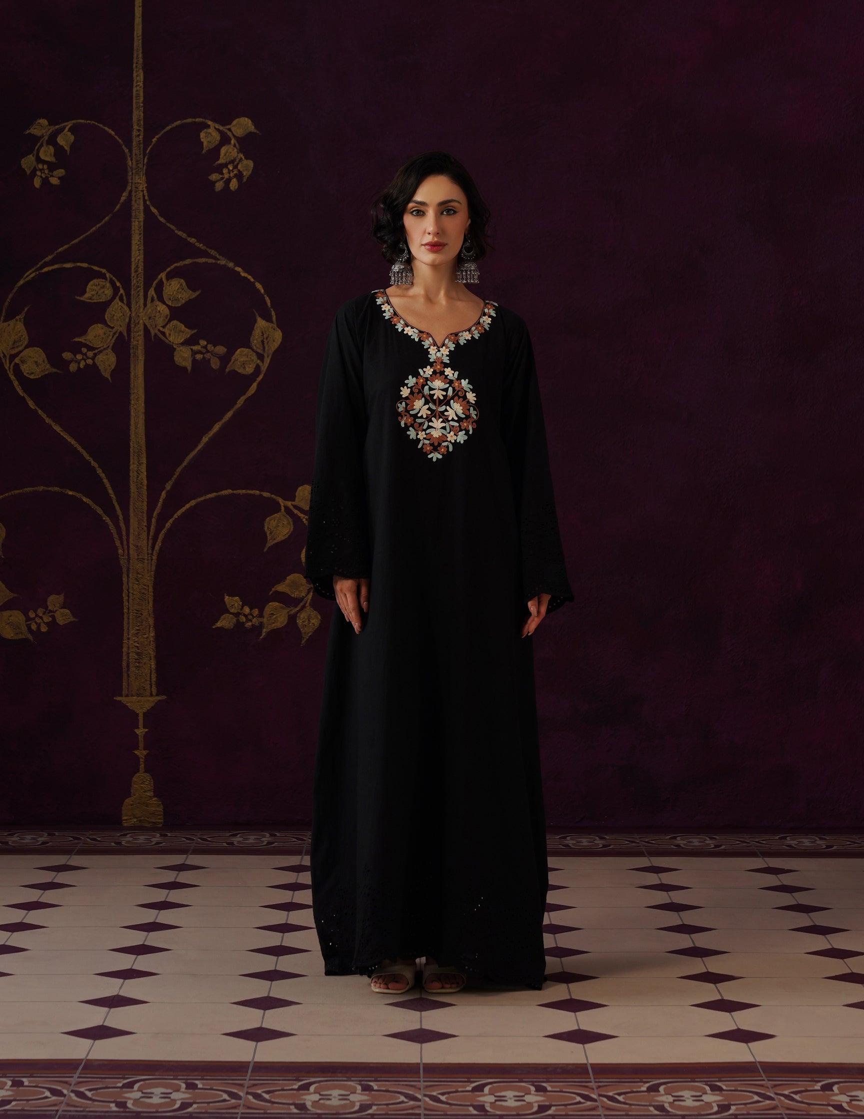 Black Schiffli &amp; Aari Embroidered Cambric Cotton Gown