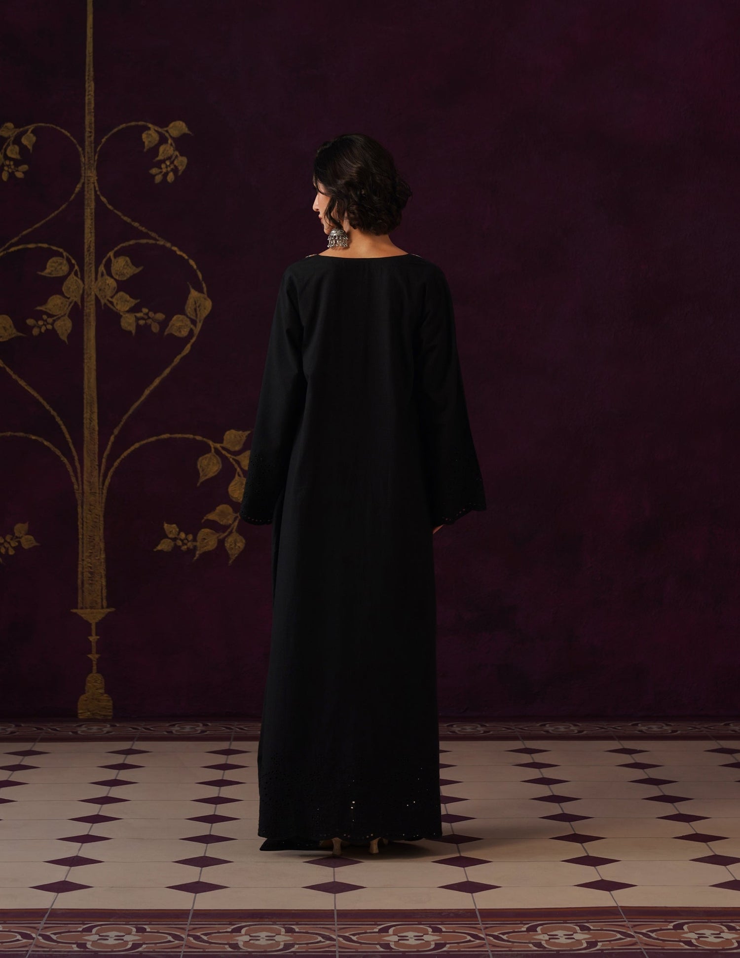 Black Schiffli &amp; Aari Embroidered Cambric Cotton Gown