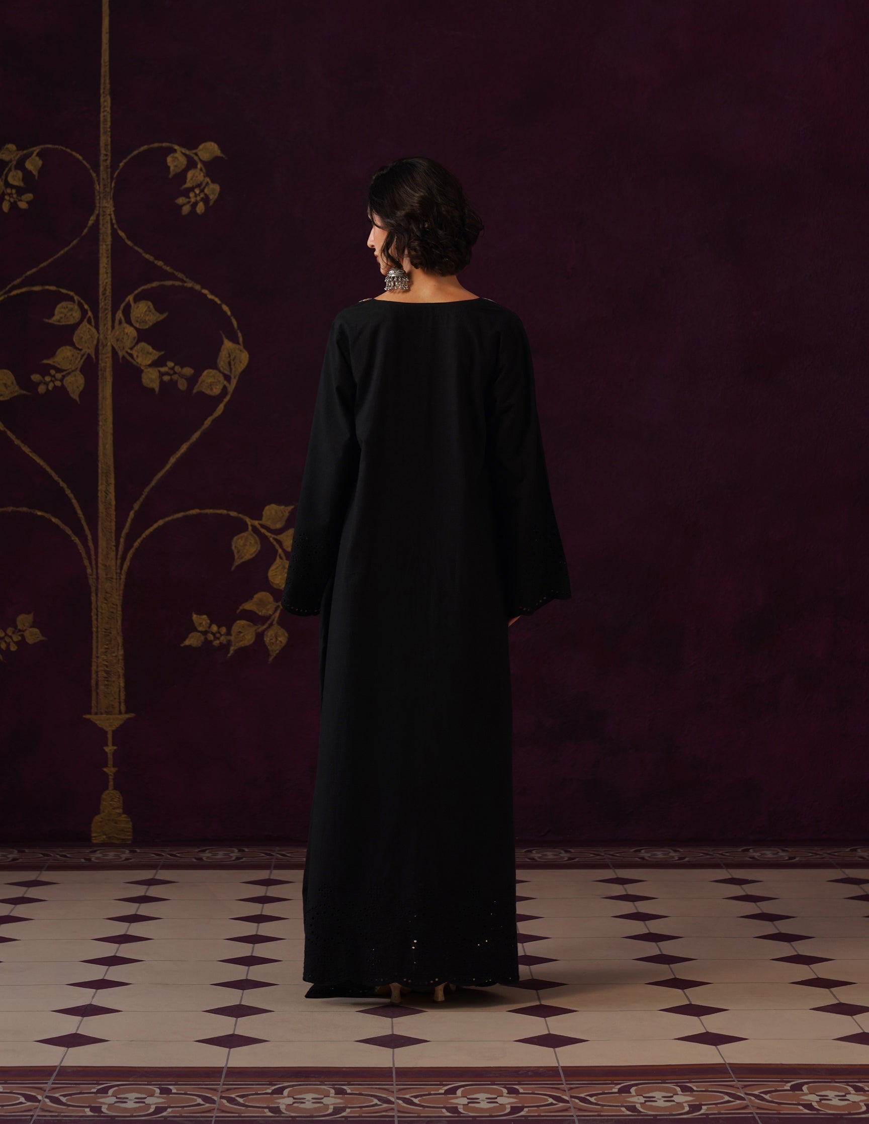 Black Schiffli &amp; Aari Embroidered Cambric Cotton Gown