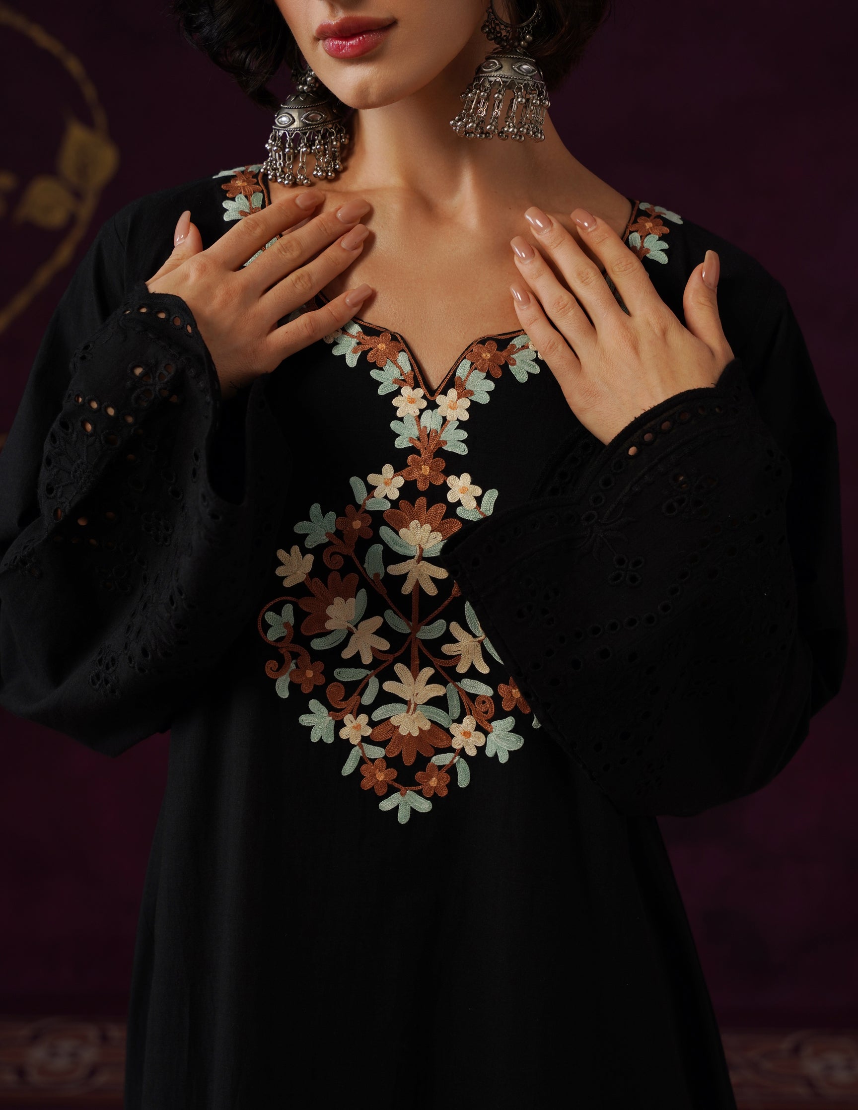 Black Schiffli &amp; Aari Embroidered Cambric Cotton Gown
