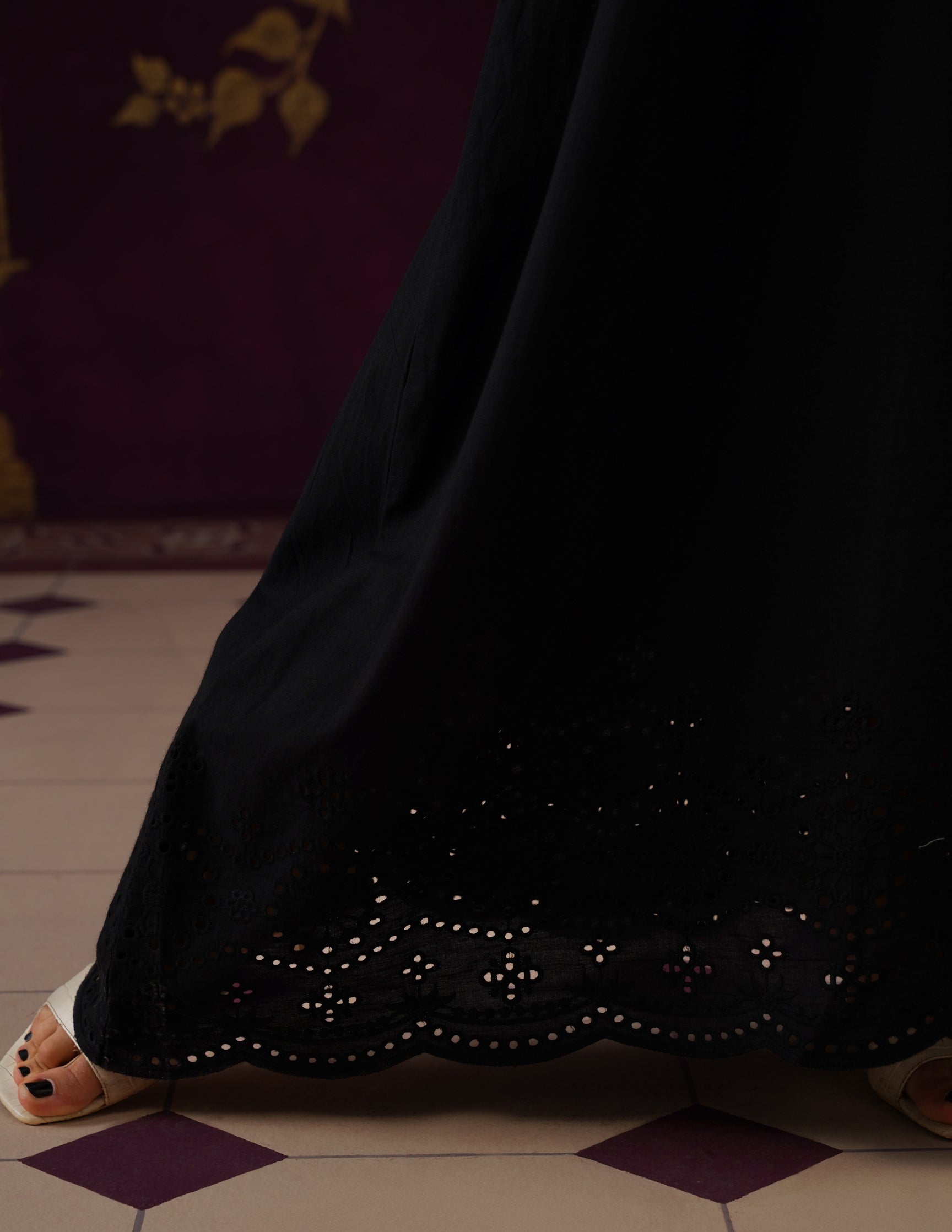 Black Schiffli &amp; Aari Embroidered Cambric Cotton Gown