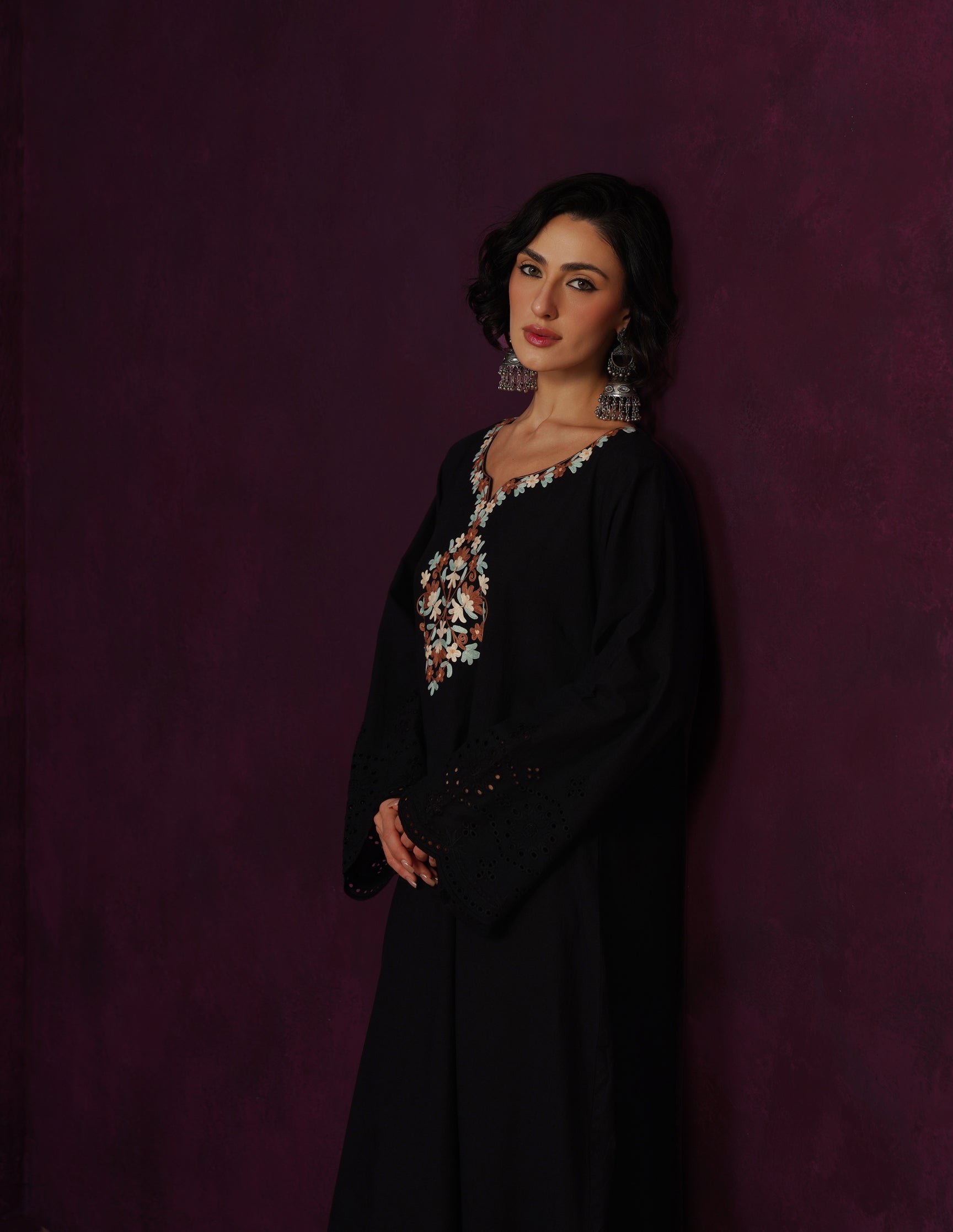 Black Schiffli &amp; Aari Embroidered Cambric Cotton Gown
