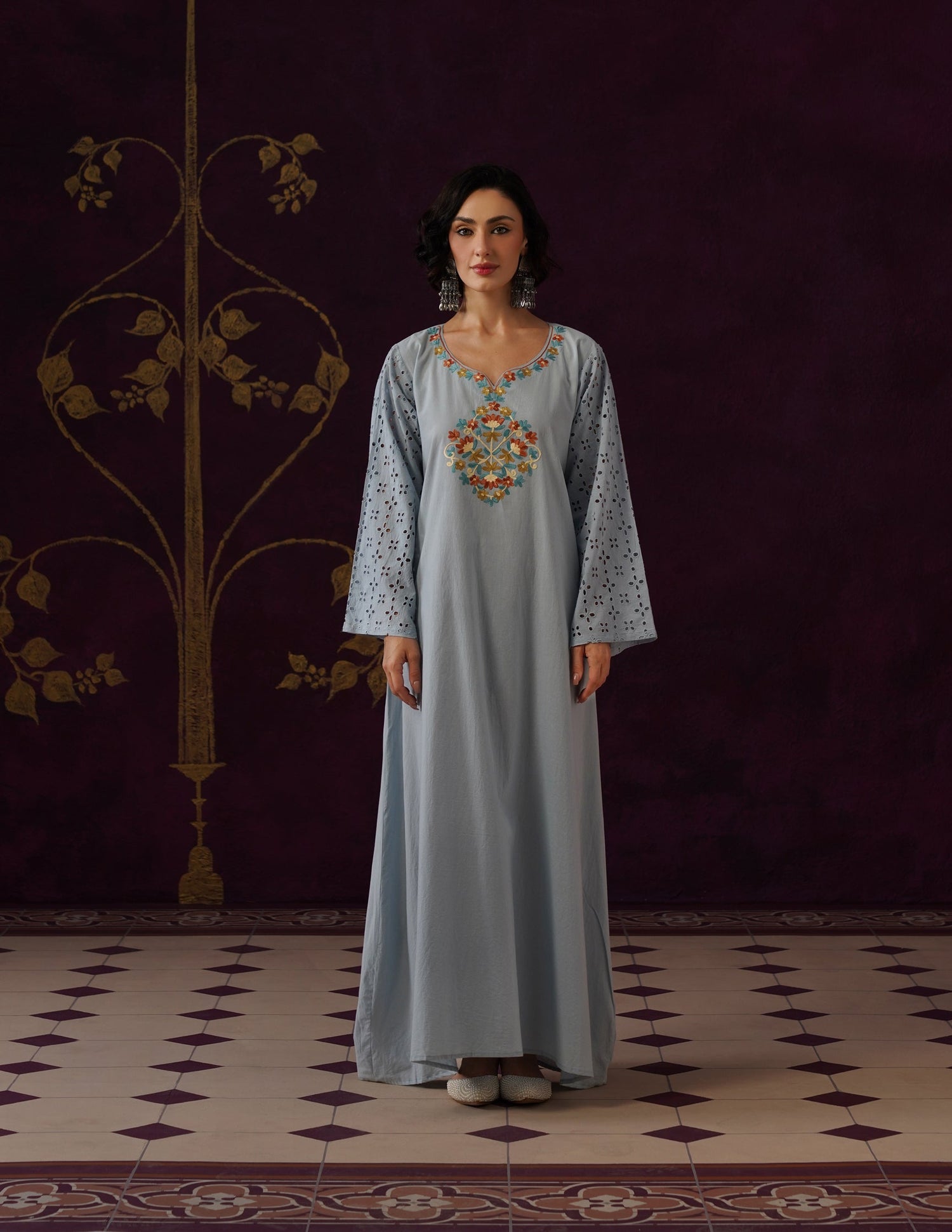 Light Blue Schiffli &amp; Aari Embroidered Cambric Cotton Gown
