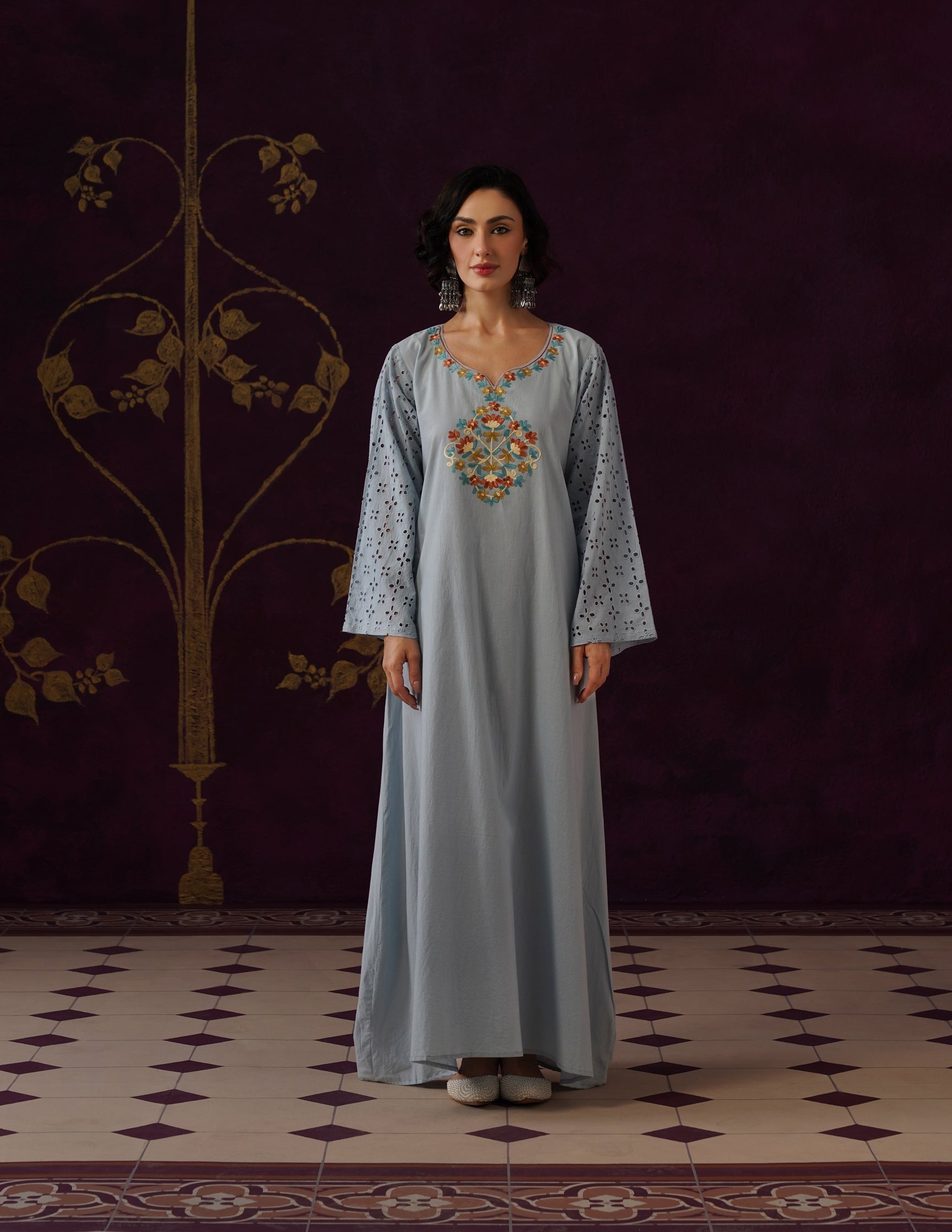 Light Blue Schiffli &amp; Aari Embroidered Cambric Cotton Gown