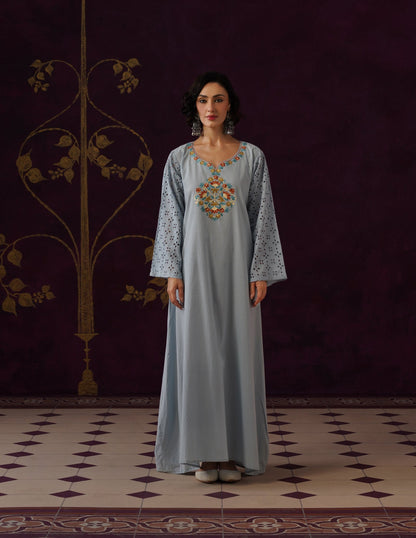 Light Blue Schiffli &amp; Aari Embroidered Cambric Cotton Gown