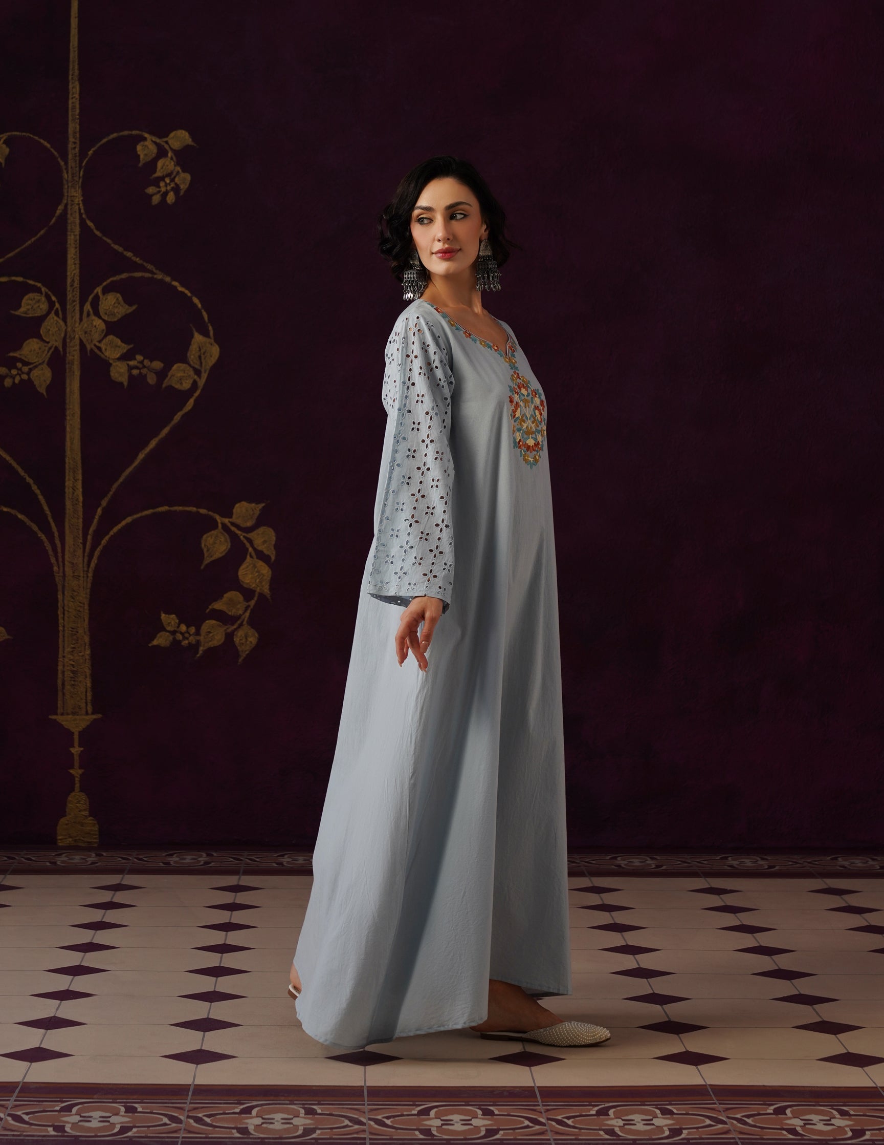Light Blue Schiffli &amp; Aari Embroidered Cambric Cotton Gown