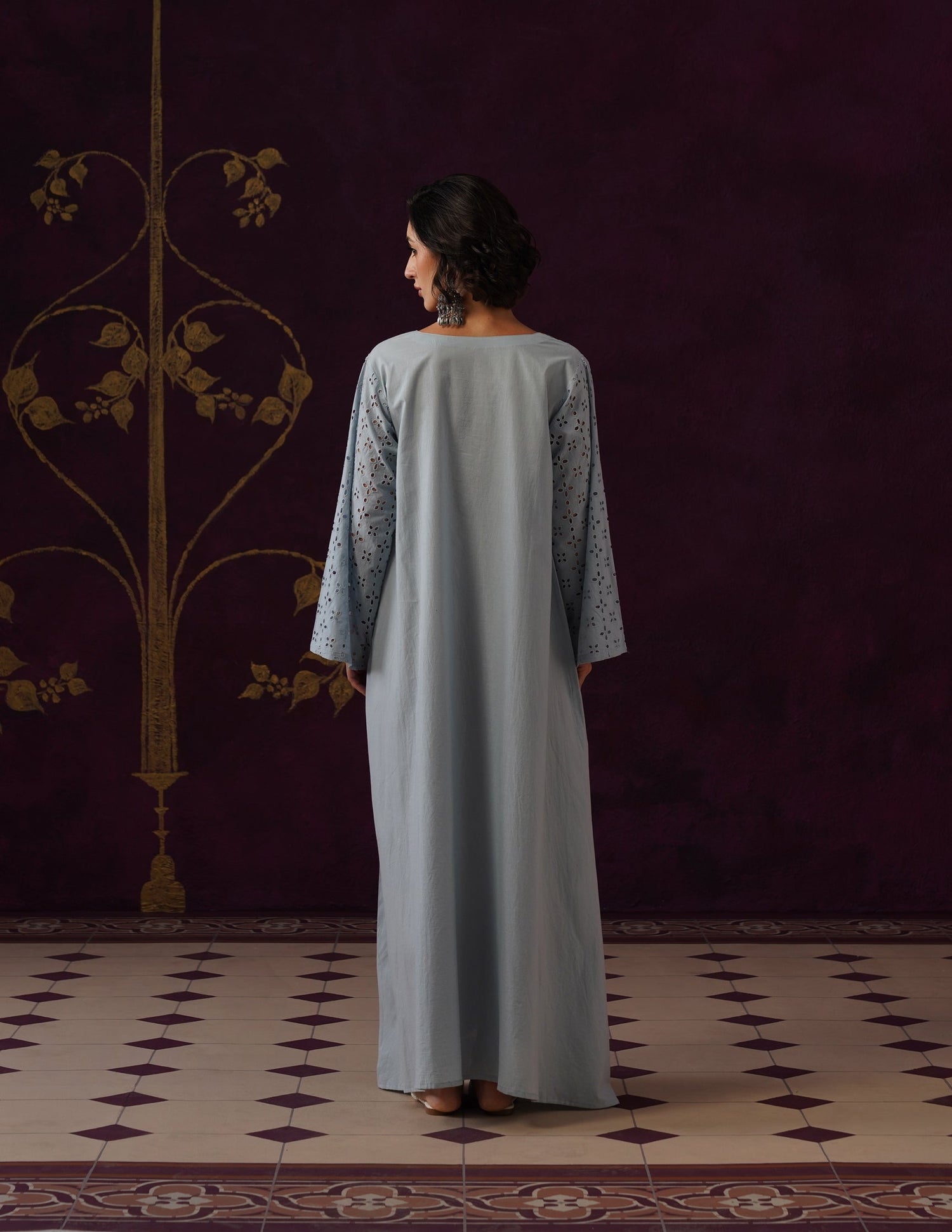 Light Blue Schiffli &amp; Aari Embroidered Cambric Cotton Gown