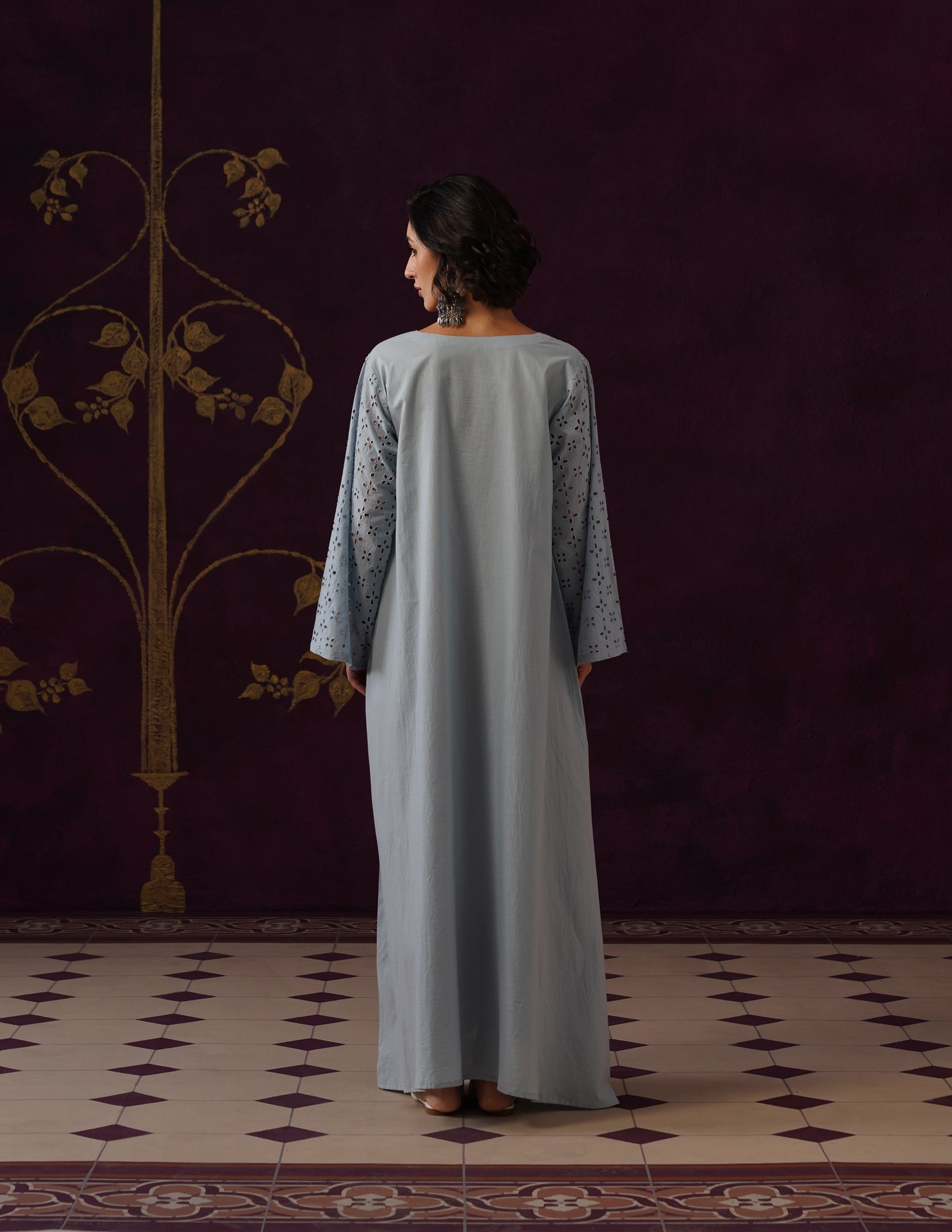 Light Blue Schiffli &amp; Aari Embroidered Cambric Cotton Gown