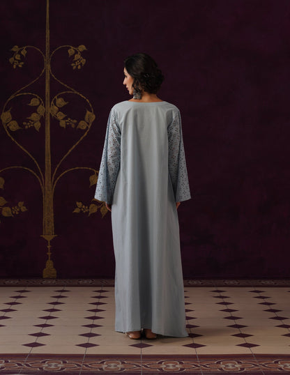 Light Blue Schiffli &amp; Aari Embroidered Cambric Cotton Gown