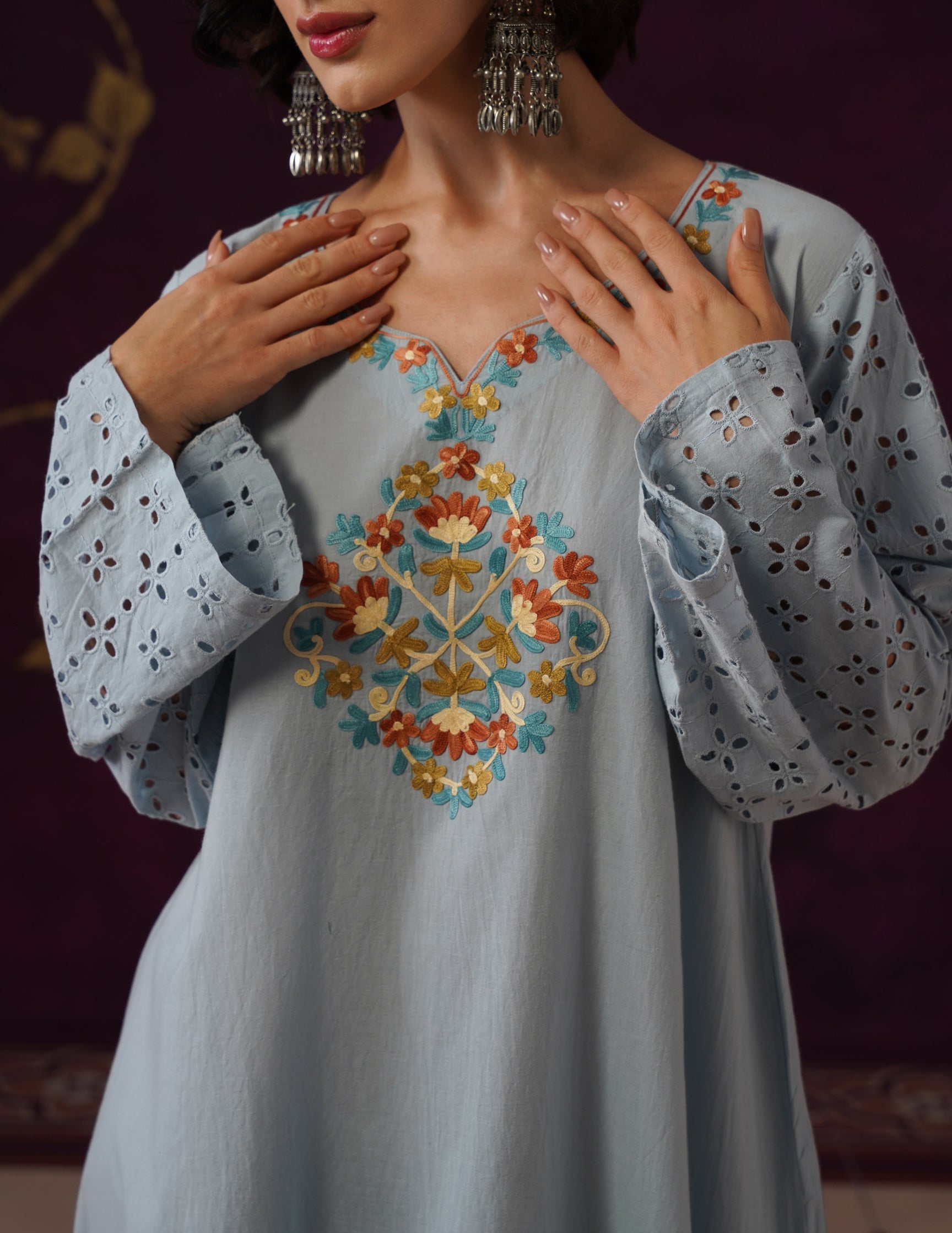 Light Blue Schiffli &amp; Aari Embroidered Cambric Cotton Gown