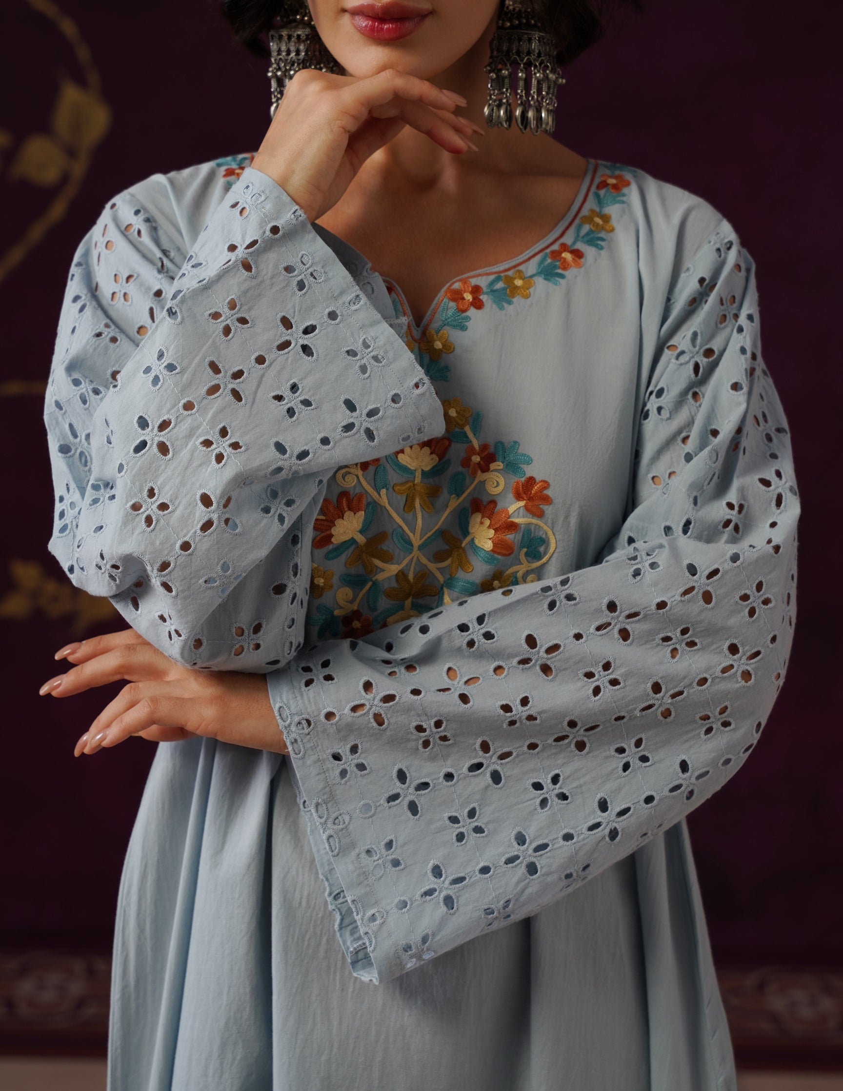 Light Blue Schiffli &amp; Aari Embroidered Cambric Cotton Gown