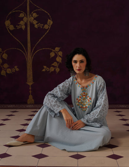 Light Blue Schiffli &amp; Aari Embroidered Cambric Cotton Gown