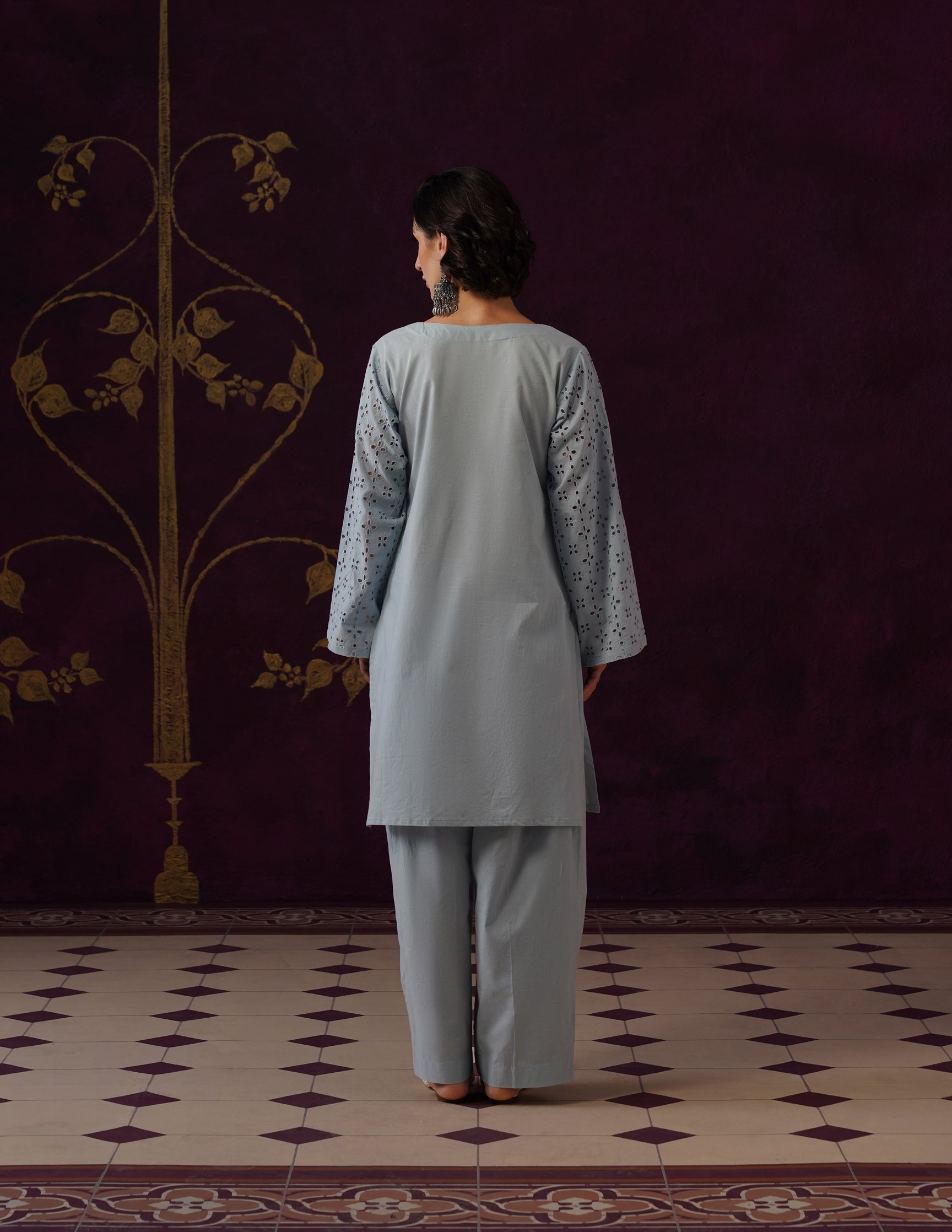 Light Blue Schiffli &amp; Aari Embroidered Cambric Cotton Co-ord Set