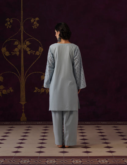 Light Blue Schiffli &amp; Aari Embroidered Cambric Cotton Co-ord Set