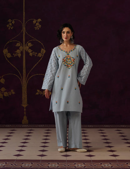 Light Blue Schiffli &amp; Aari Embroidered Cambric Cotton Co-ord Set