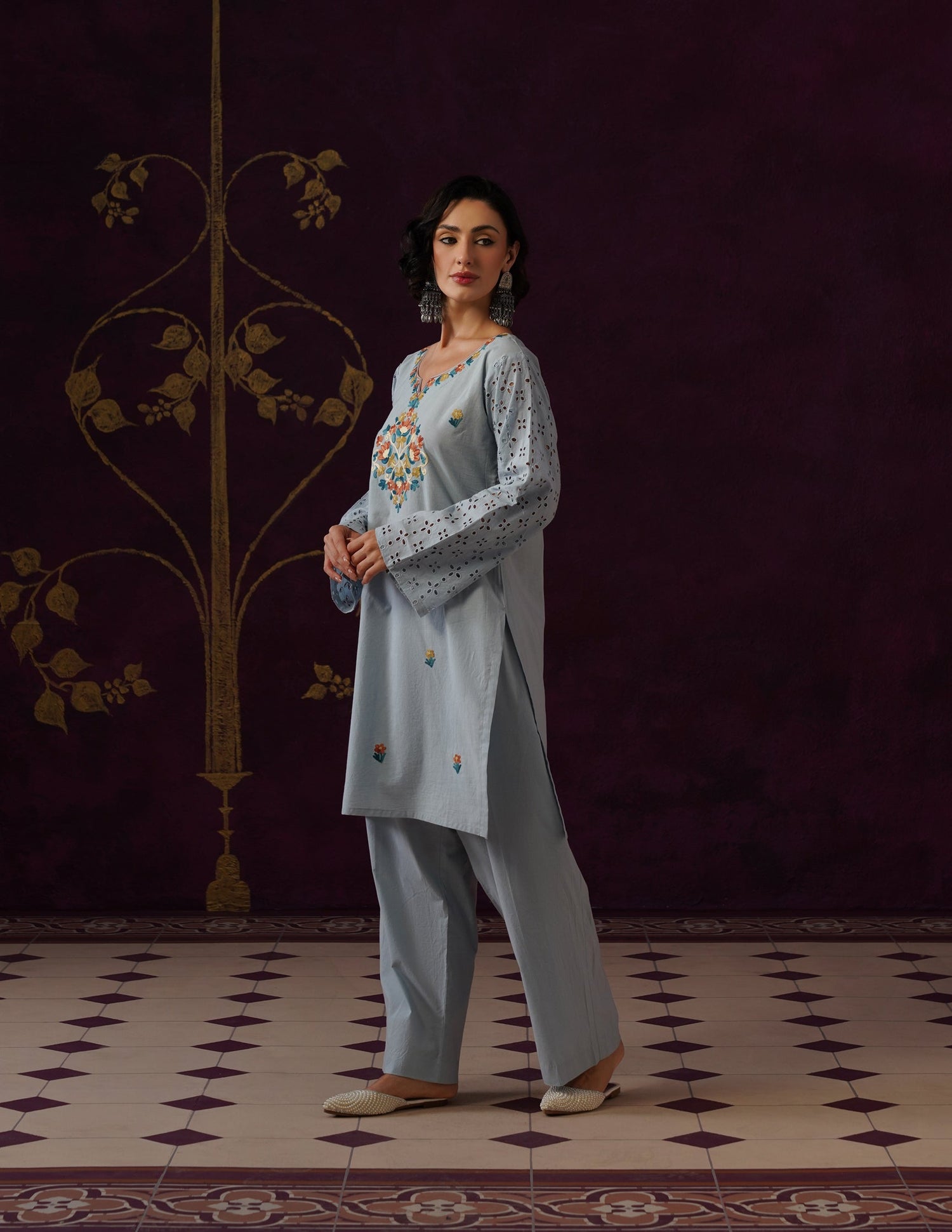 Light Blue Schiffli &amp; Aari Embroidered Cambric Cotton Co-ord Set