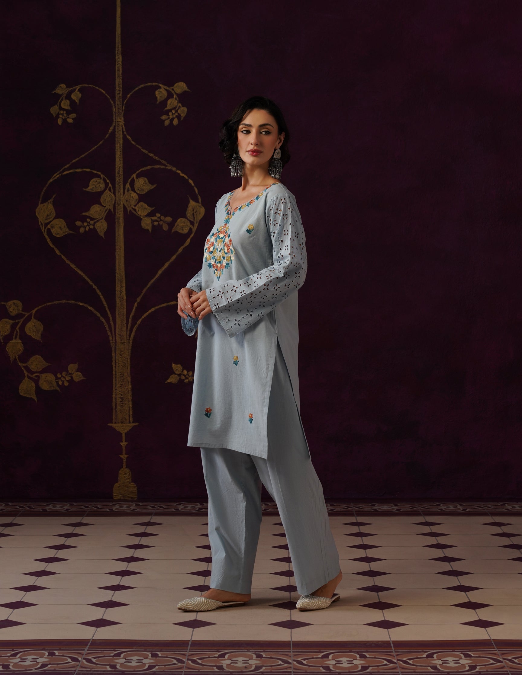Light Blue Schiffli &amp; Aari Embroidered Cambric Cotton Co-ord Set