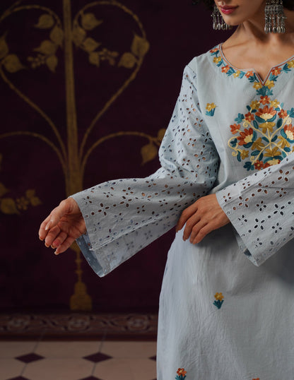 Light Blue Schiffli &amp; Aari Embroidered Cambric Cotton Co-ord Set