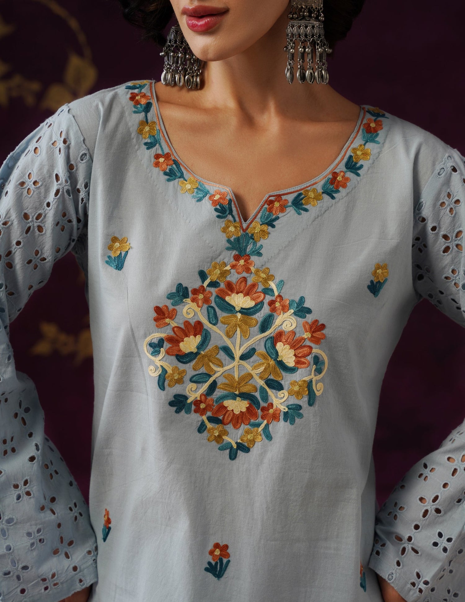 Light Blue Schiffli &amp; Aari Embroidered Cambric Cotton Co-ord Set