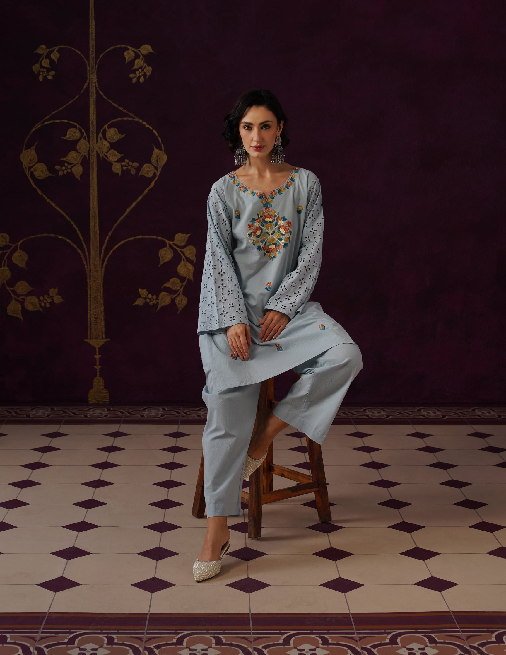 Light Blue Schiffli &amp; Aari Embroidered Cambric Cotton Co-ord Set