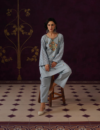 Light Blue Schiffli &amp; Aari Embroidered Cambric Cotton Co-ord Set