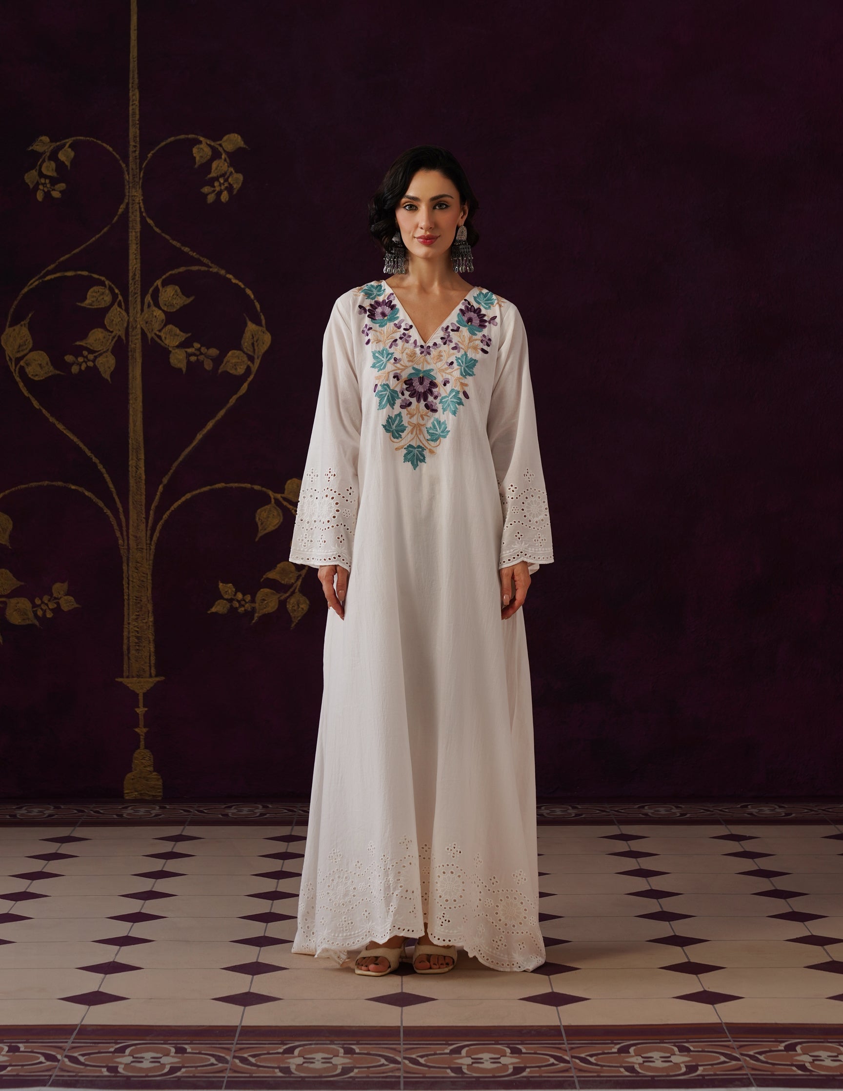 Off-White Schiffli &amp; Aari Embroidered Cambric Cotton Gown