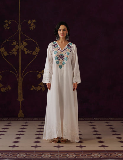 Off-White Schiffli &amp; Aari Embroidered Cambric Cotton Gown