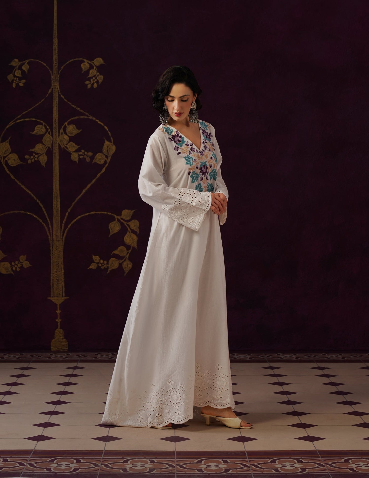 Off-White Schiffli &amp; Aari Embroidered Cambric Cotton Gown