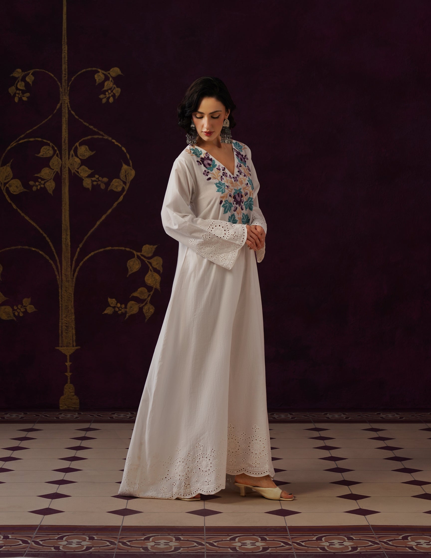 Off-White Schiffli &amp; Aari Embroidered Cambric Cotton Gown